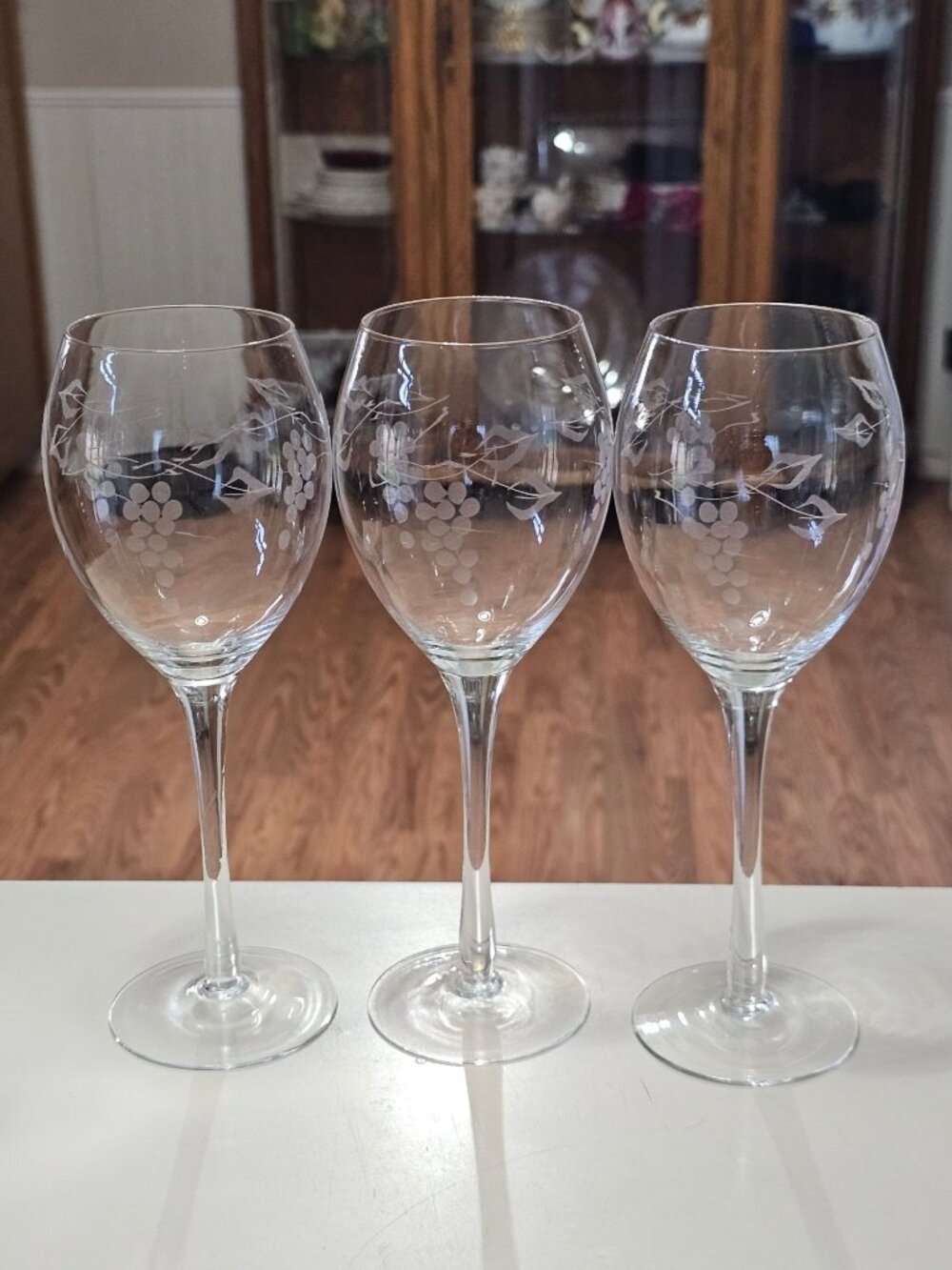 3 Vintage Etched Grape Clusters Wine Glasses long stem crystal goblets decor gra
